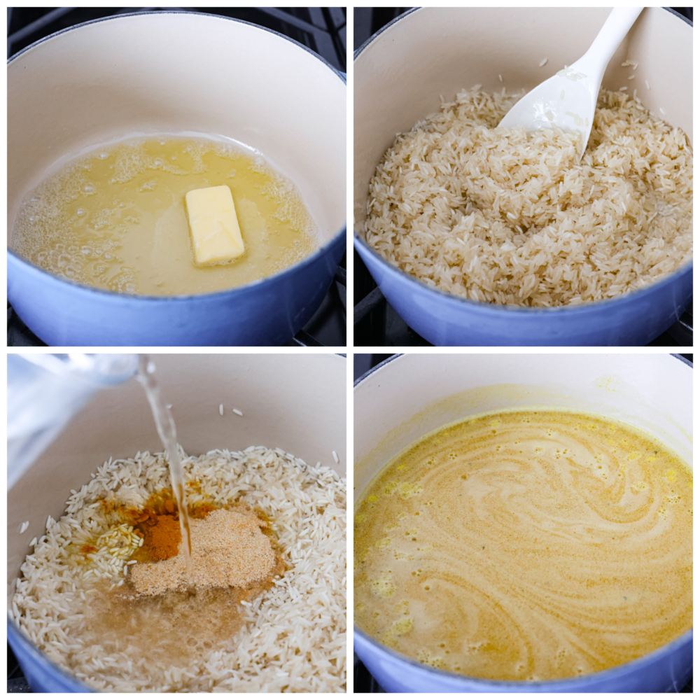 Ready in 20 minutes, this yellow rice is quick and easy and packed with savory flavor! It's the perfect side dish for busy weeknight dinners. 4-photo collage of rice being prepared and all ingredients being mixed together.
