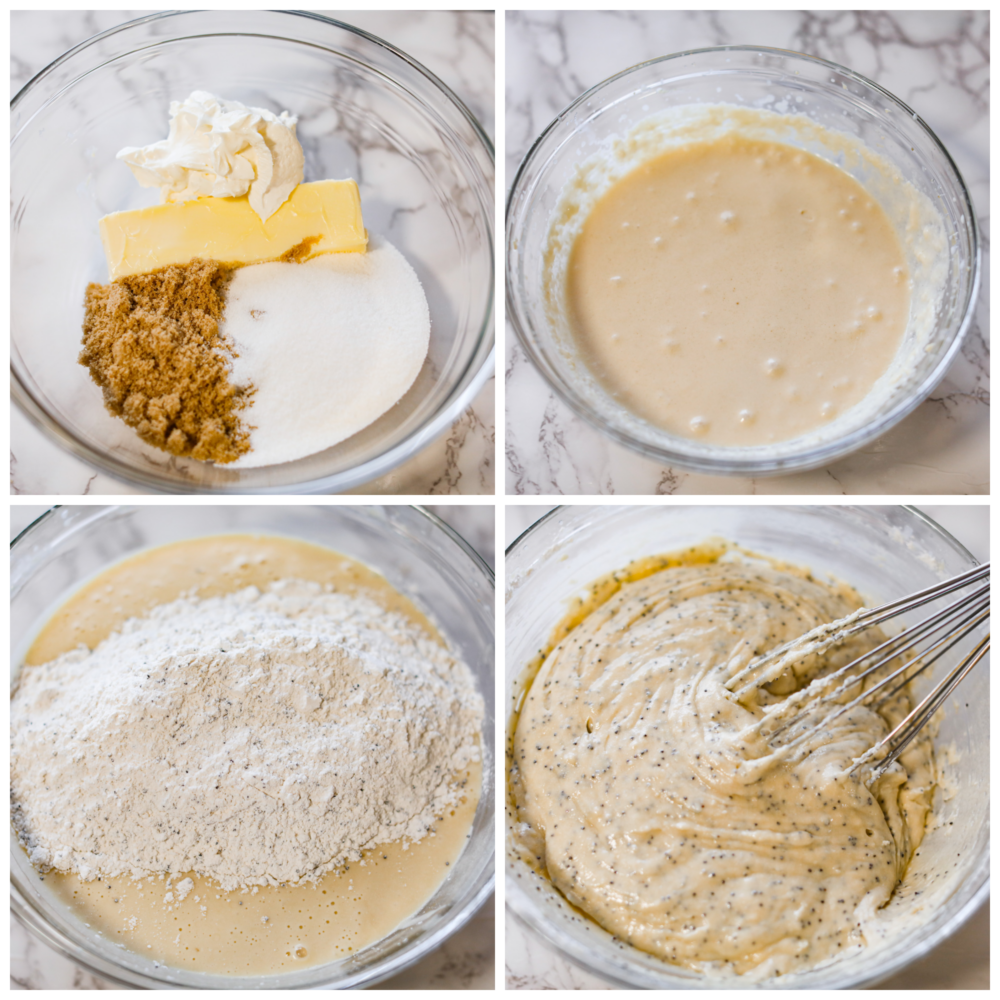 With a moist and fluffy texture, these almond poppy seed muffins are sure to satisfy your taste buds and keep you feeling full and energized all morning long. Theyโre the perfect grab-and-go breakfast! 4-photo collage of batter being prepared.