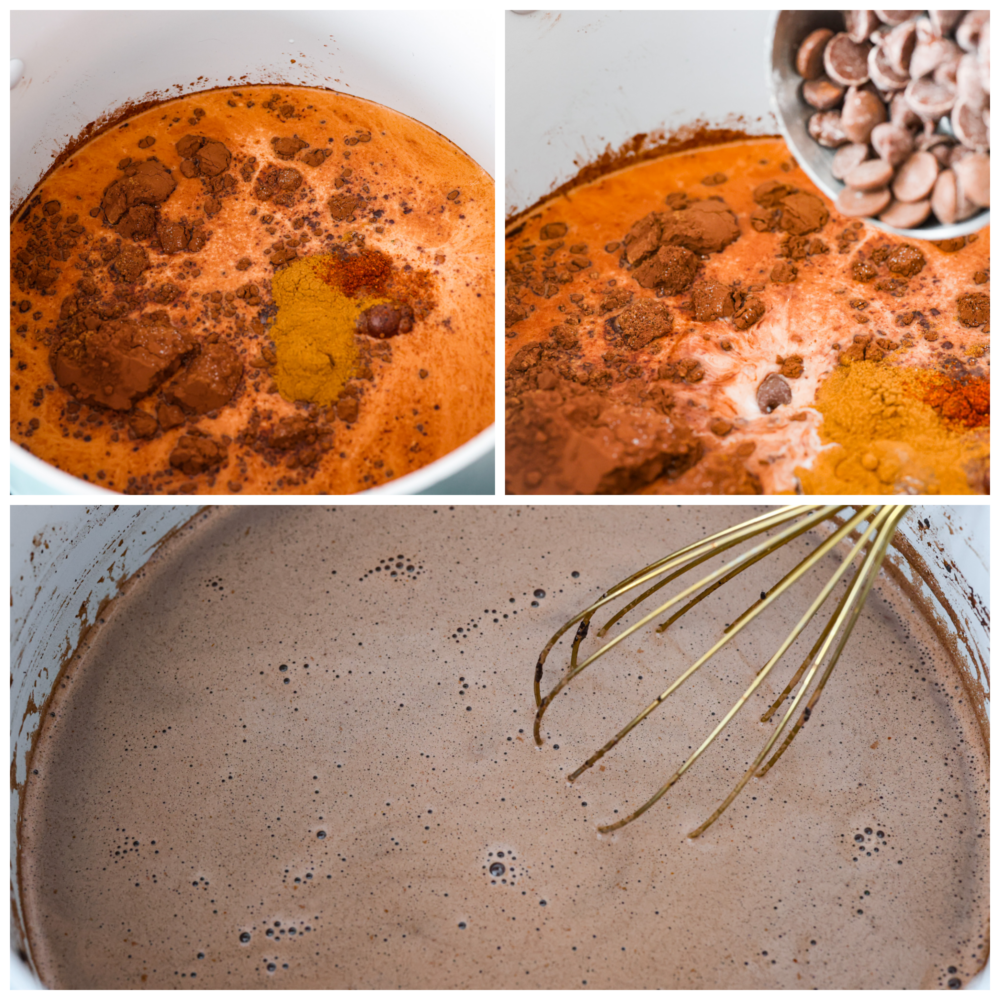 Spice up your hot cocoa game with a batch of this flavorful Mexican hot chocolate! It's rich and creamy with a touch of cinnamon and chili powder. The perfect remedy for chilly months! Hot chocolate ingredients being added to a pot and mixed together.