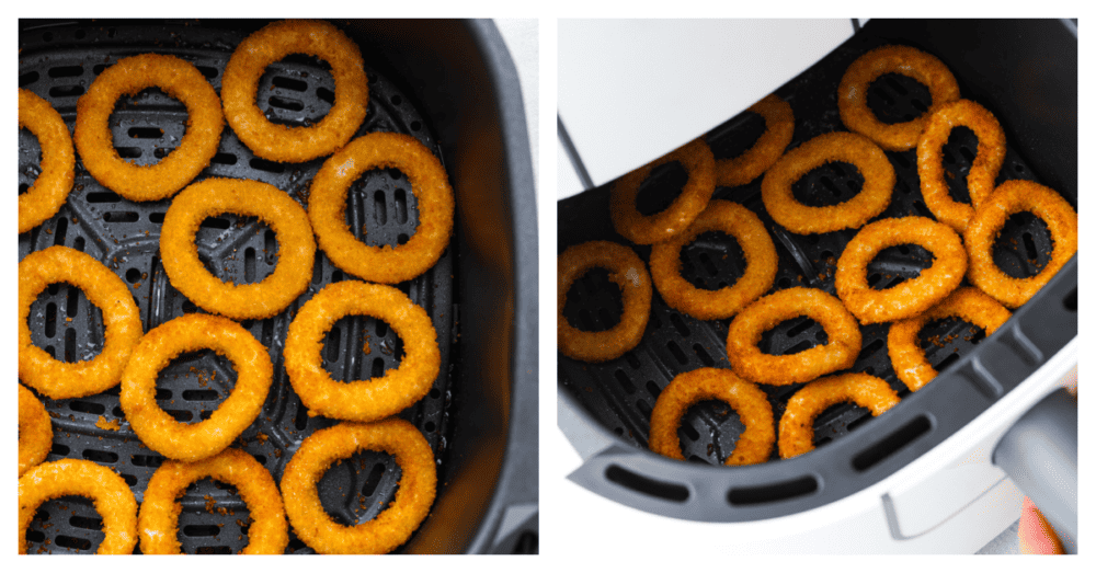 You are going to love how crispy and perfectly cooked these Air Fryer Frozen Onion Rings get! They are so simple, and you can have frozen onion rings cooked to crispy perfection in minutes. You'll love serving them along with a burger or as an appetizer at your next gathering. Process photos showing the onion rings in an air fryer.