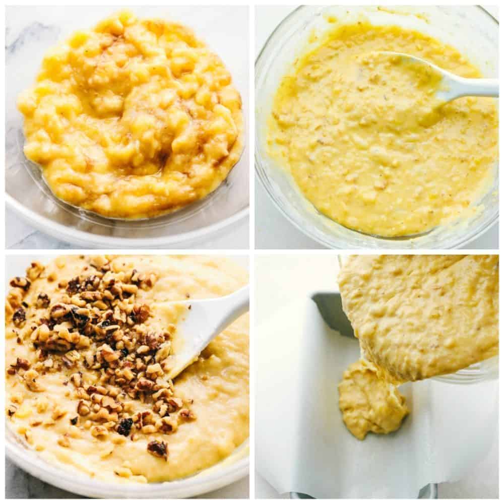 Treat yourself with a slice of thick, rich, and moist banana bread. This is the easiest way to make it! It's full of flavor and always a hit with the family. 4-photo collage of bread dough being prepared and added to a loaf pan.