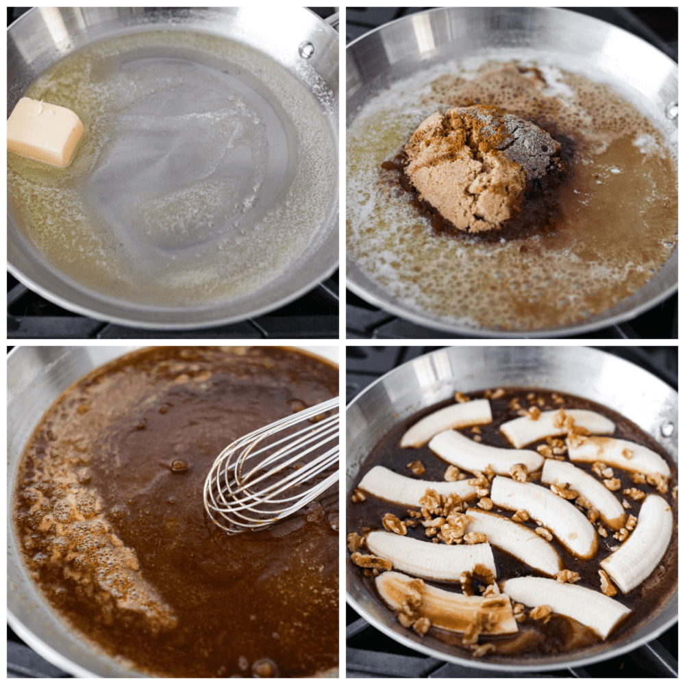 Warm, soft bananas covered in a buttery, cinnamon rum sauce and served with vanilla ice cream. What could be better than that? Bananas foster is a classic dessert that's ready in 15 minutes and sure to impress. 4-photo collage of bananas being cooked in a brown sugar, rum, and butter mixture.