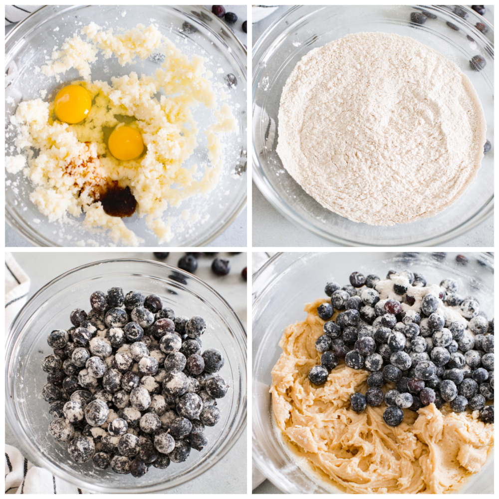 These blueberry muffins with a sugared glaze are so good, they should be illegal! Soft, buttery, and bursting with sweet blueberry flavor, they're the perfect excuse to have dessert for breakfast. 4-photo collage of muffin batter being mixed together.
