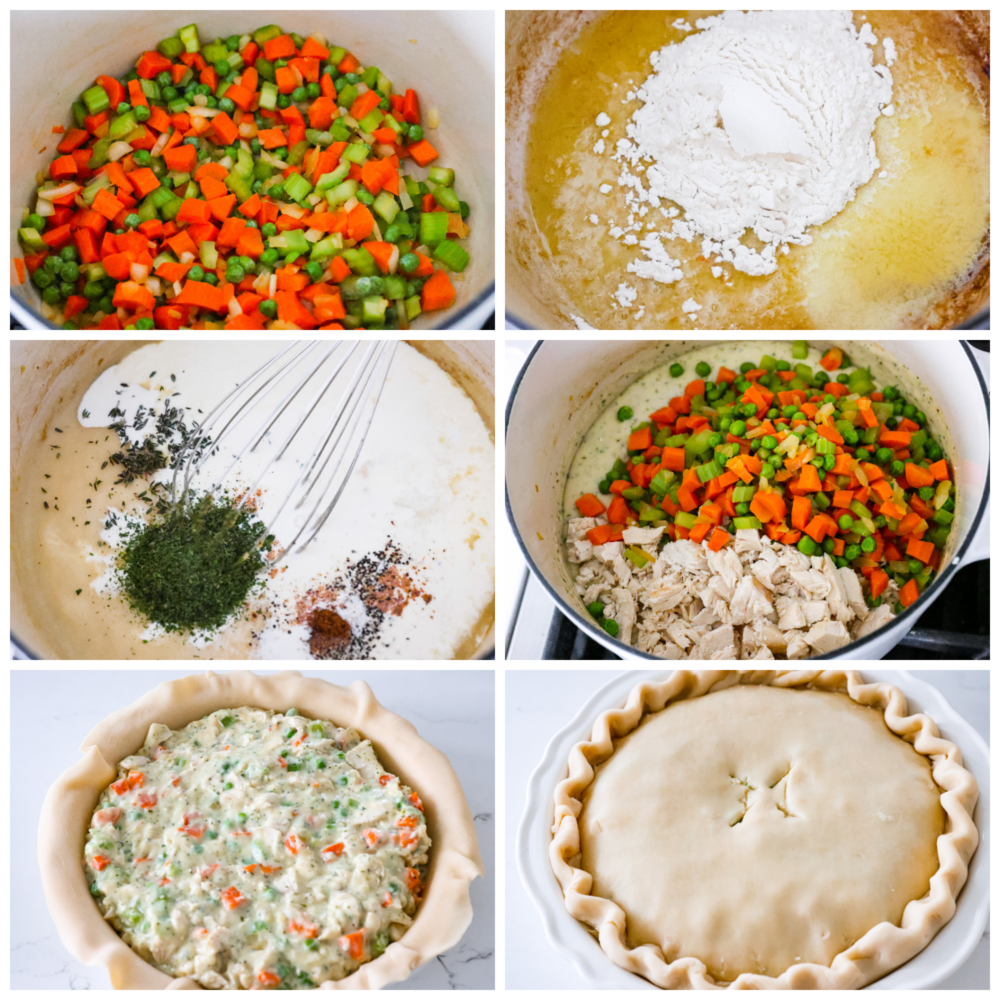 There is nothing more comforting than this absolutely perfect chicken pot pie! A flaky pie crust filled with chicken, veggies, and tons of flavor is just what you need on a cold winter day, or any day. This is a classic recipe you will definitely want in your recipe book! Process photos showing the veggies in a pot, the roux being made, the ingredients added back in, and then topped with pie crust.