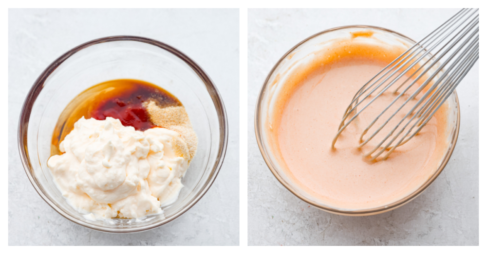 The name says it all because this comeback sauce keeps you coming back for more again and again! Itโs tangy, creamy, savory, and is perfect for using as a dip or a spread. Collage of sauce ingredients being mixed together.
