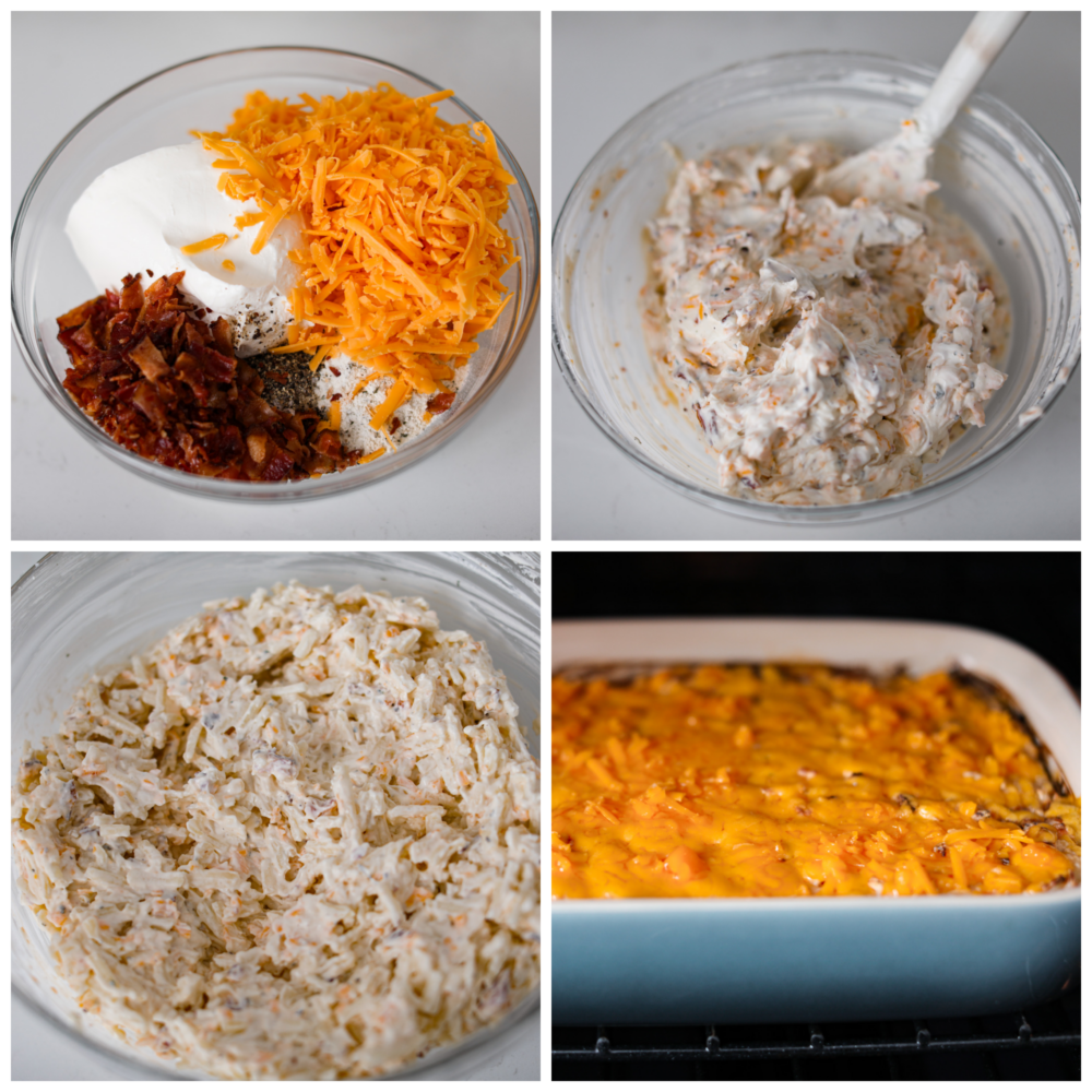 Just like the name says, these crack potatoes are so good you’ll be addicted! It’s an easy, cheesy side dish that the whole family will love. Shredded potatoes covered in a cheesy ranch sauce topped with bacon. What could be better? Shredded potatoes being mixed together with cheese and seasonings, then added to a casserole dish.