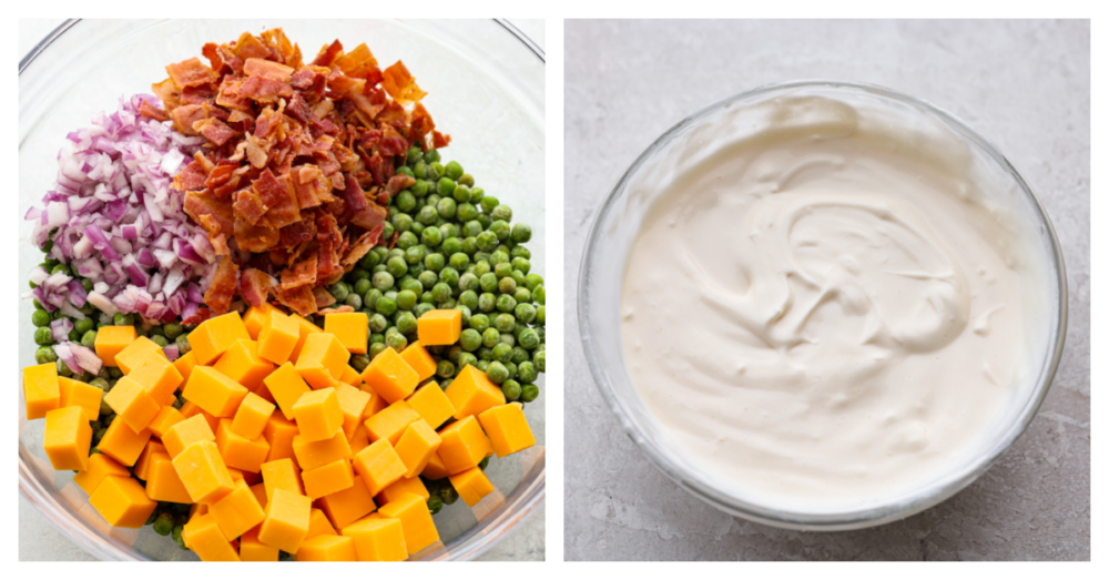 Creamy Pea Salad with Bacon is a popular southern dish that is filled with crunchy peas, crispy bacon, chopped red onions, and cheddar cheese. This is an easy to make side dish that is perfect for your next potluck!ย Process photos of all of the ingredients separately and then together.