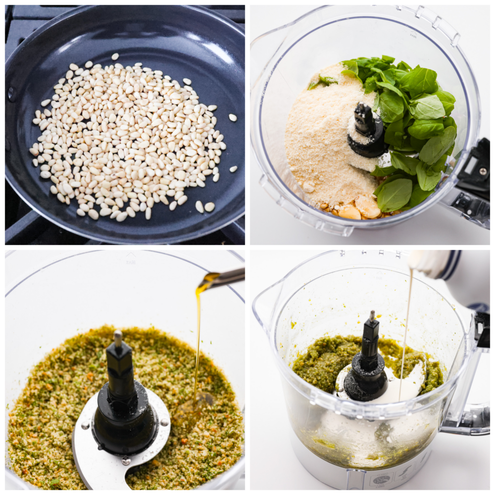 This creamy pesto sauce is so bright and packed with fresh flavor, and the best part is there is no cooking required! This quick and easy creamy sauce is ready in just 15 minutes and is perfect on your favorite cooked pasta. Process photos showing the pine nuts being toasted, then all of the ingredients added to the food processor and blended.