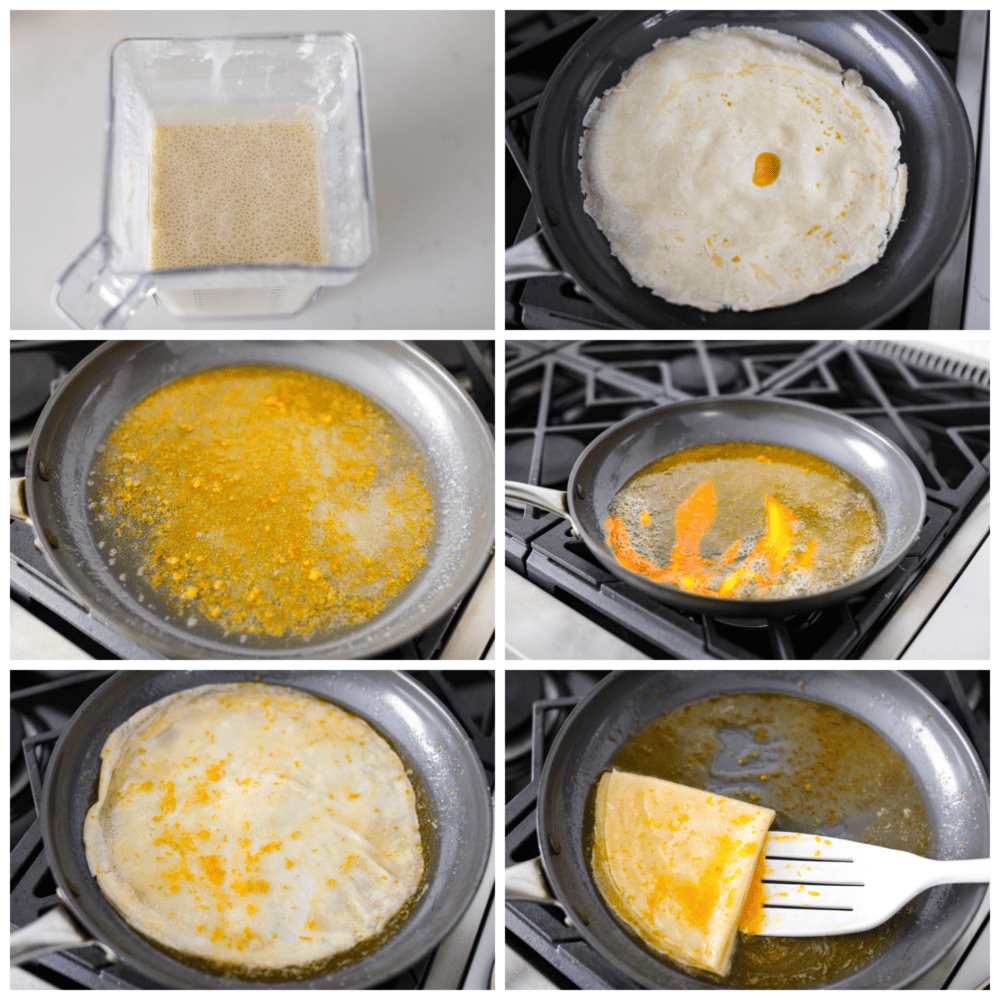 Light, airy, and bursting with juicy, orange flavor, these crepes suzette are the perfect dessert! Serve them on their own or with a scoop of vanilla ice cream on top for a French treat sure to make your stomach happy. 6-photo collage of crepes suzette being cooked and ignited with orange liqueur.