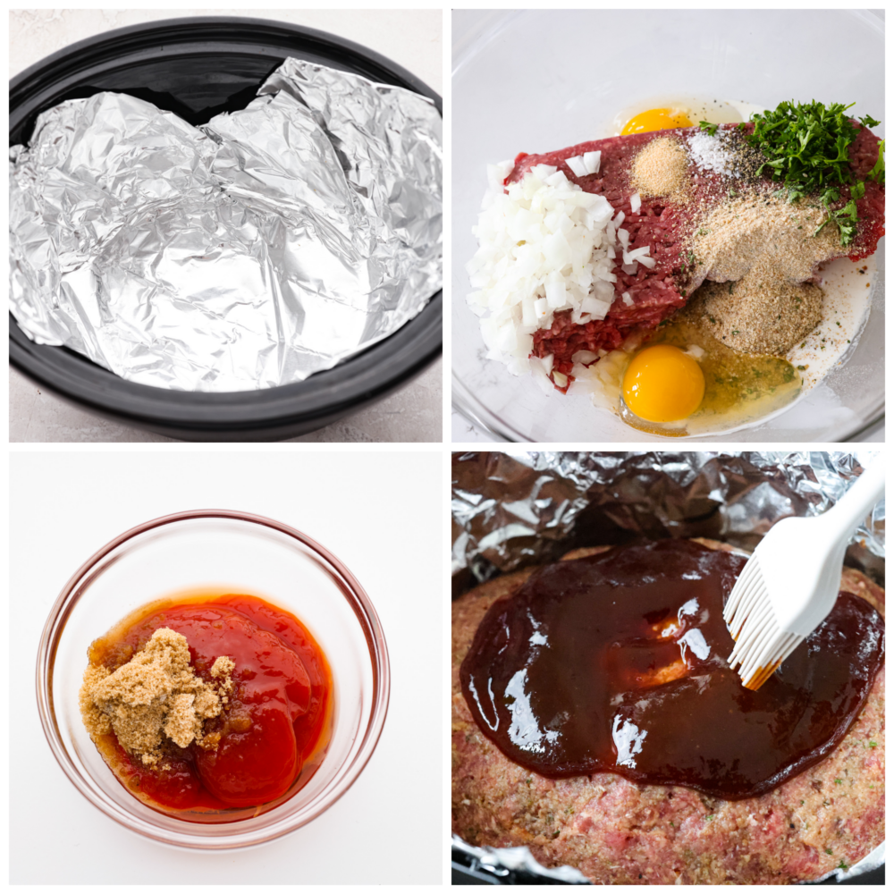 Meatloaf is a classic comfort food that is loved by the whole family! This recipe for crockpot meatloaf is easy to prepare, and using your slow cooker allows the flavors to blend together for a delicious meal. 4-photo collage of meat mince and glaze being prepared.