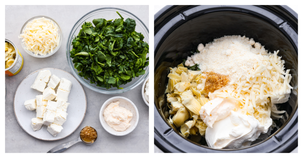 Crockpot spinach artichoke dip is the ultimate party pleaser! Not only is it delicious and creamy, but it's also super easy to make. Just toss all the ingredients in your crockpot and let it do its magic. 2-photo collage of dip ingredients being added to a slow cooker.
