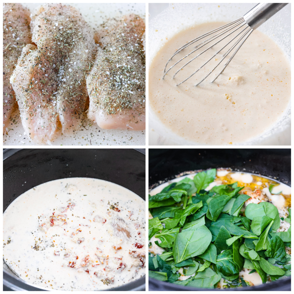 Crockpot Tuscan Chicken is delicious juicy and tender chicken breast cooked in a creamy parmesan and sun dried tomato sauce. It takes 10 minutes to prep and the smells alone will have your family asking when dinner is! Process photos showing how to season the chicken, make the sauce, and add the spinach.