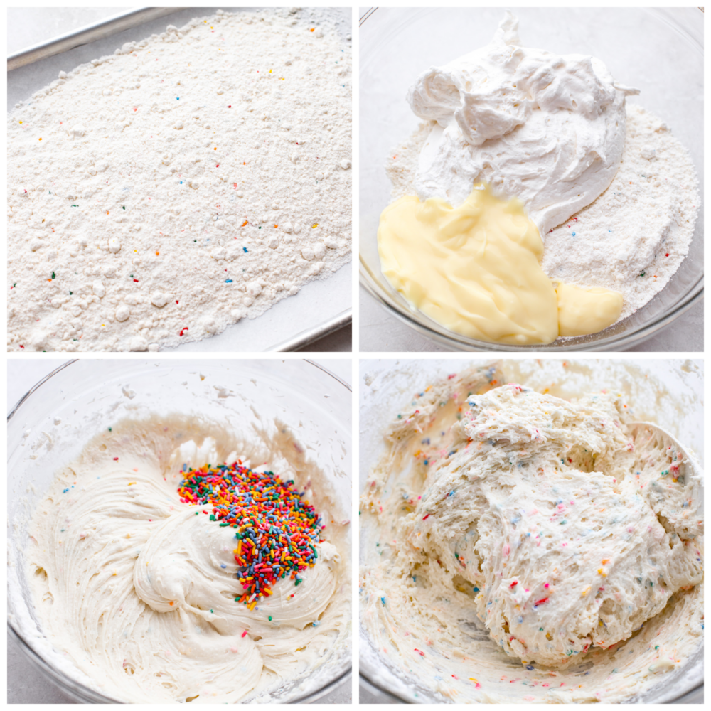 If you are looking for a quick and easy treat for a special occasion, this Dunkaroo Dip is your new go-to! It's a sweet dip perfect for cookies, apples, and graham crackers. It's colorful and absolutely addicting! Process photos showing how to bake the cake mix, then add the ingredients and mix.