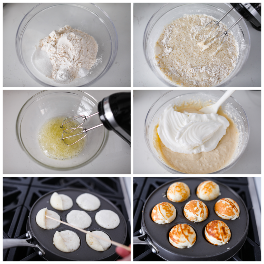 Ebelskivers are a Danish pancake that is cooked into a sphere using a special pan. They are fluffy and silky smooth on the inside, and you can fill them with anything from fresh berries to cream cheese. Flipping them in the pan is almost as fun as eating them! Process photos showing the batter being made and then being cooked in the pan.