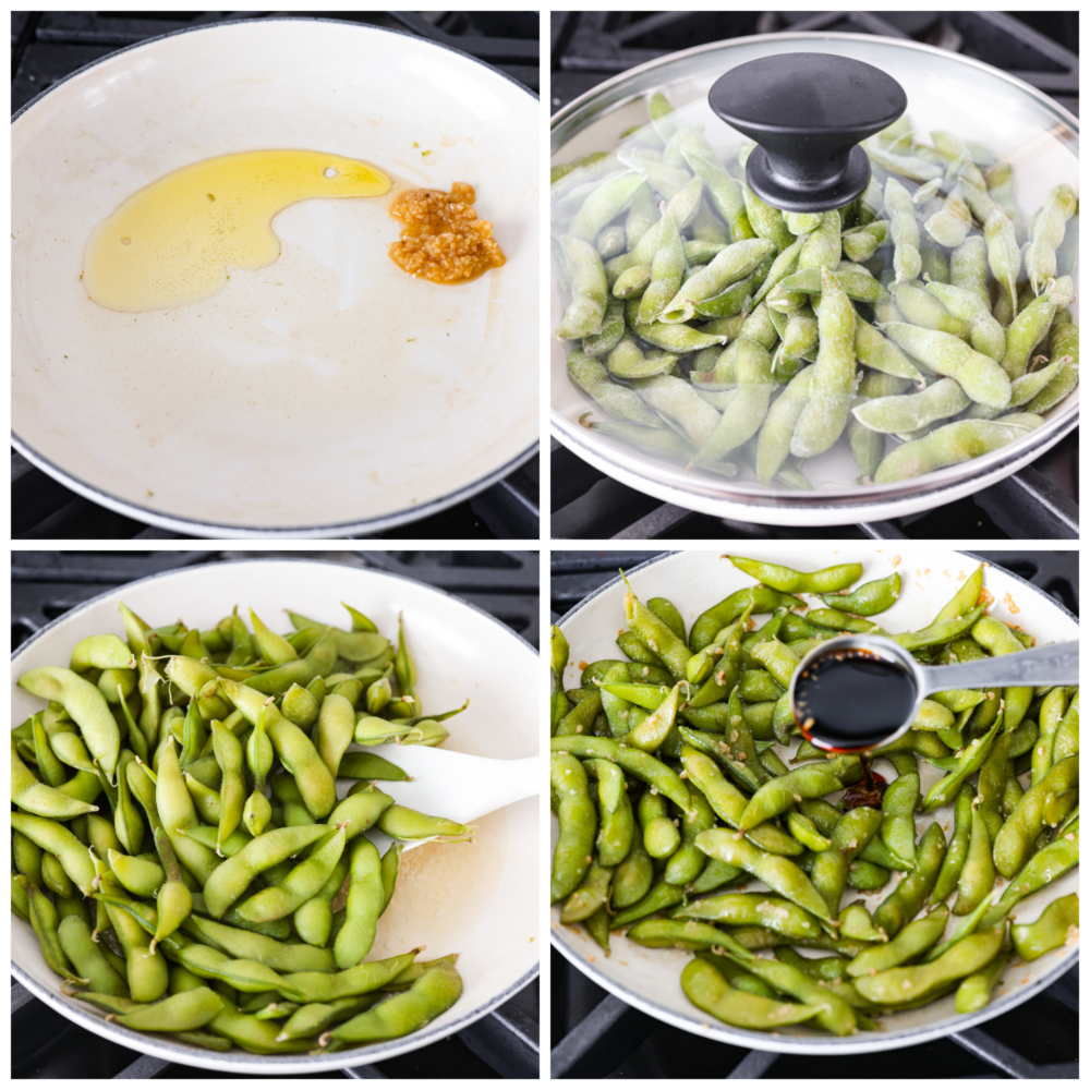 Garlic edamame is a tasty snack that's super simple to make. The combination of garlic, soy sauce, and flaky salt adds a delicious punch of flavor to the nutty edamame beans! It's a healthy, flavorful snack the whole family will enjoy. Edamame being cooked in a skillet with garlic and soy sauce.