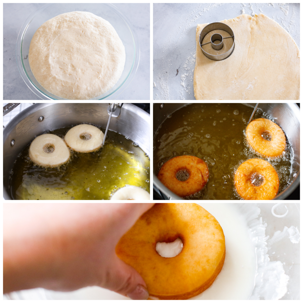 Homemade glazed donuts are light and fluffy with a perfectly moist inside and a sweetened glazed outside. They are the ultimate treat and super easy to make at home, which makes them the perfect dessert for any occasion. Seriously, who doesn't want a freshly fried homemade donut?! Process photos showing the dough being made and cut out, then fried and glazed.
