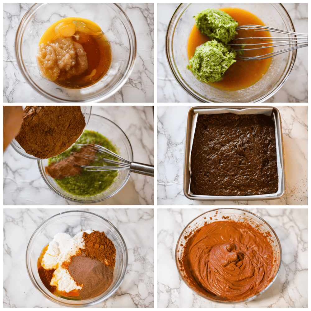 Healthy brownies are your new guilt-free indulgence! They have way less sugar and healthy ingredients like zucchini and yogurt to make a delicious dark chocolate brownie that is moist and even better than regular brownies. Process photos showing how to add the ingredients together and bake them in the pan, and then how to make the frosting.