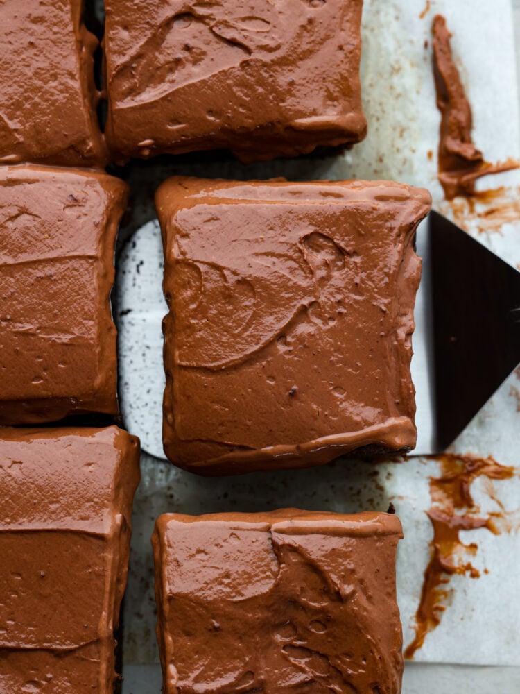 Healthy brownies are your new guilt-free indulgence! They have way less sugar and healthy ingredients like zucchini and yogurt to make a delicious dark chocolate brownie that is moist and even better than regular brownies. A spatula scooping up the dessert.