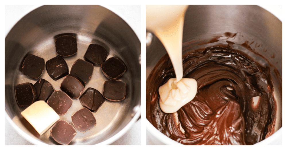 Homemade hot fudge is silky smooth and full of intense chocolate flavor without being too sweet. It is made up of 3 simple ingredients and ready in just 10 minutes. This is the perfect topping for hot fudge sundaes, fruit, and your favorite desserts! Process photos showing how to heat up the chocolate and add the condensed milk.