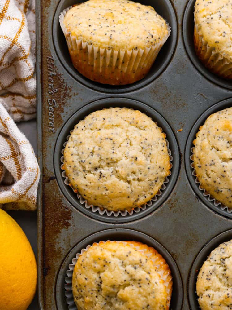 These lemon poppyseed muffins are super soft and loaded with fresh lemon flavor thanks to fresh juice and zest. Tender and moist, these muffins are the perfect breakfast or brunch companion! Closeup of cooked muffins in the pan.