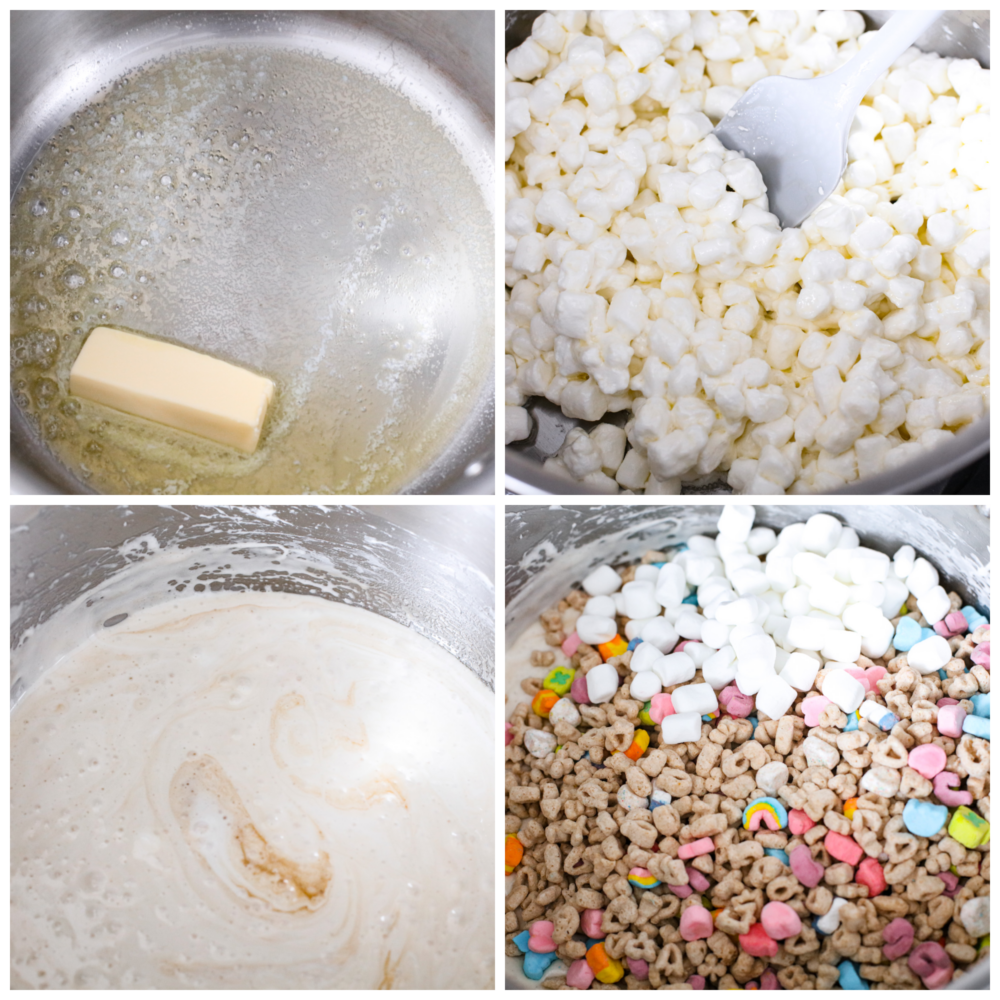 These Lucky Charms treats are a fun twist on the classic rice krispie treat and are every bit as magically delicious as you could imagine! They are sweet, but not too sweet to keep coming back for seconds and even thirds. They are a colorful and quick treat perfect for every occasion. Process photos showing how to melt the butter and marshmallows, then add the cereal.