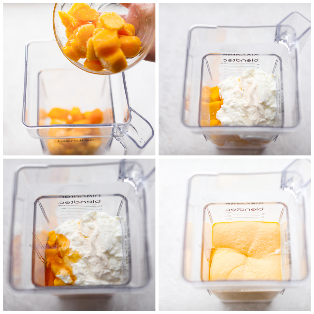 This Mango Lassi is an Indian yogurt smoothie that is so creamy and full of flavor. It's spiced with cardamom to give it a little kick, and it will have you coming back for seconds. It will be an instant hit every time you serve it! Process photos showing a blender being filled with the ingredients and then blended together.