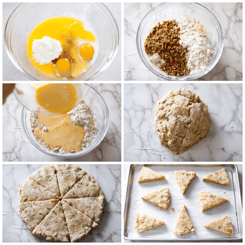 Golden and flaky Maple Pecan Scones are buttery soft and full of nutty flavor from toasted pecans and real maple syrup. They are melt in your mouth delicious and ridiculously easy to make! Process photos showing the wet ingredients mixed, then added to the dry, mixed into a dough, and cut into wedges.