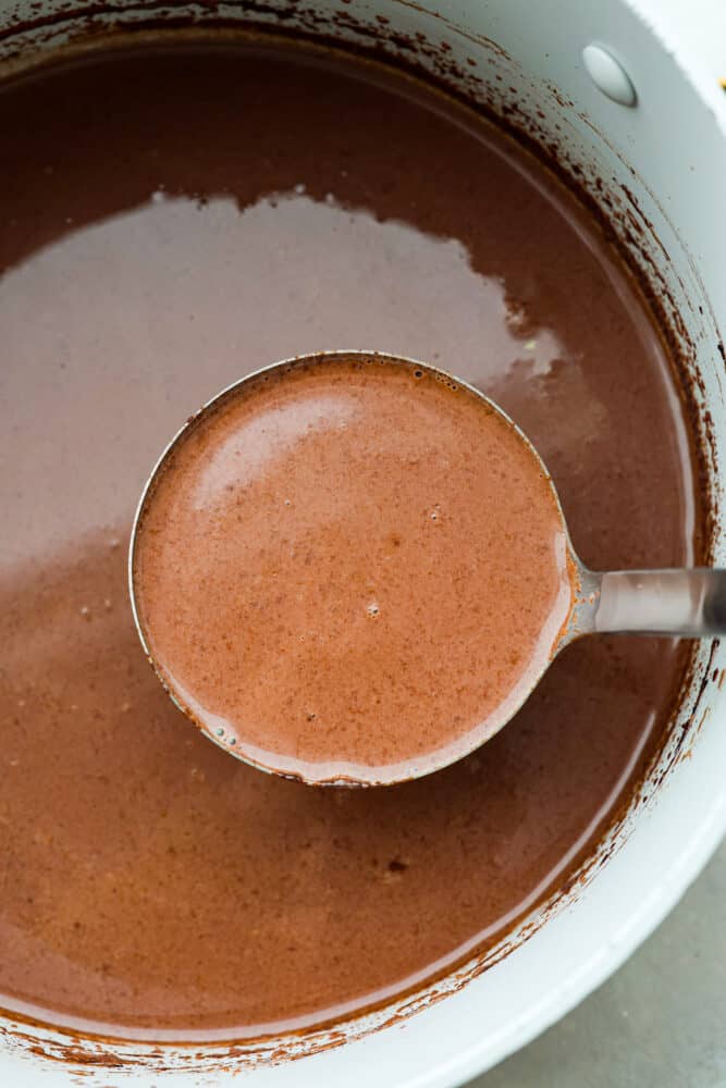 Spice up your hot cocoa game with a batch of this flavorful Mexican hot chocolate! It's rich and creamy with a touch of cinnamon and chili powder. The perfect remedy for chilly months! Closeup of a ladle filled with Mexican hot chocolate.