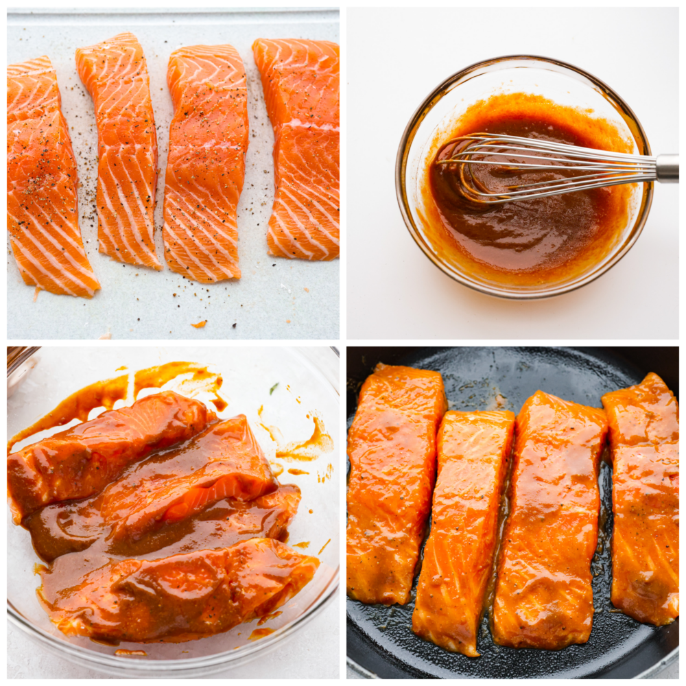 Better than at your favorite restaurant, this miso-glazed salmon is sweet, savory, and full of flavor. It cooks with a delicious caramelized miso glaze on the outside and stays flaky and moist in the middle. You are going to love everything about this recipe! Process photos showing the salmon being seasoned, the sauce being made, the salmon marinading, and the cooking.