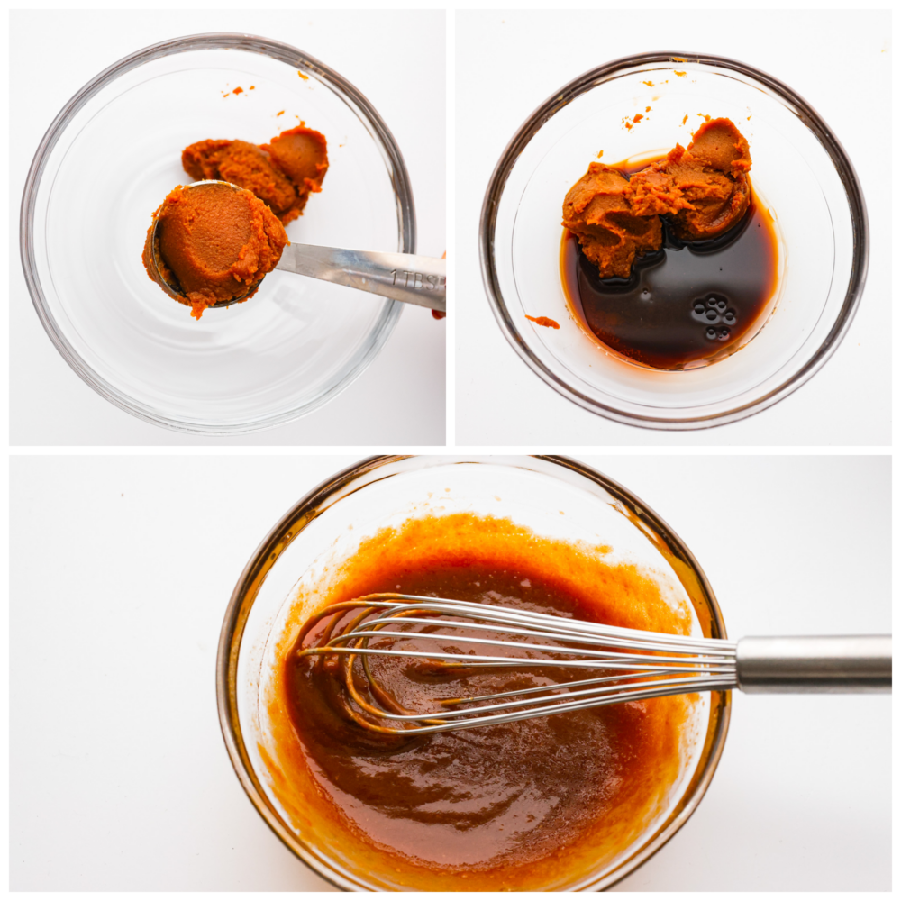 This miso glaze is a great sauce is great for so much more than salmon! It is sweet and savory and packed with umami flavor that goes so great with veggies, fish, and pork belly or a poke bowl. It's a must-have recipe for your recipe book! Process photos showing how to mix together the miso glaze.