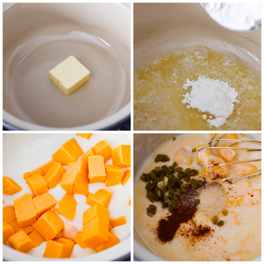 This Nacho Cheese recipe is the genuine Velveeta based topping that is full of nostalgia and amazing flavor! It's so simple to whip up and tastes way better than store-bought. Process photos showing how to make a roux, adding the rest of the ingredients and whisked together.