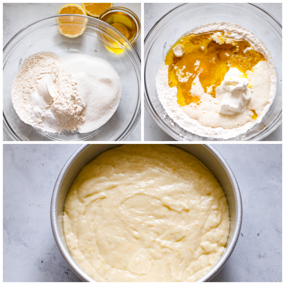 If youโve never tried it, (which you definitely should!) olive oil cake has a light and moist texture, with a slightly crispy crust. The flavor is delicate and subtle, with fruity and nutty notes. You will love every bite! 3-photo collage of batter being prepared.