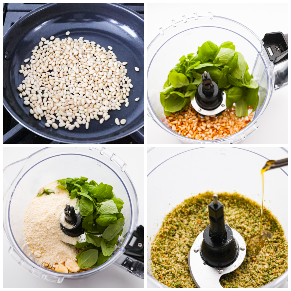 This delicious homemade pesto is bursting with basil leaf flavor balanced by buttery pine nuts, fresh garlic, and earthy olive oil. Here is everything you need to know to make the best basil pesto sauce in just a few minutes! It's the perfect addition to all of your favorite Italian dishes. Collage of ingredients being blended together.