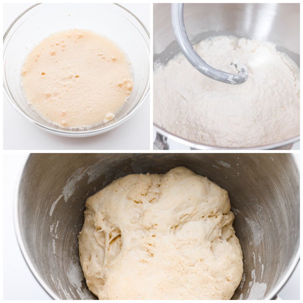Pillowy soft, with the perfect taste and texture, this quick and easy pizza dough is going to be your go-to recipe for everything! You are going to want to keep this in the archives and use it over and over again. 3-photo collage of dough ingredients being mixed together.