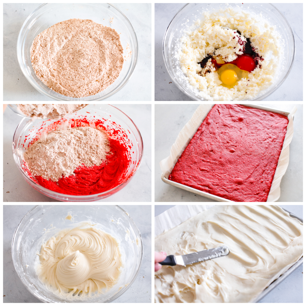 These decadent red velvet sugar cookie bars with cream cheese frosting are so divine. This is the best of both worlds, all the goodness of red velvet cake in an easy-to-make cookie bar form. 6-photo collage of cookie bar batter and frosting being prepared.