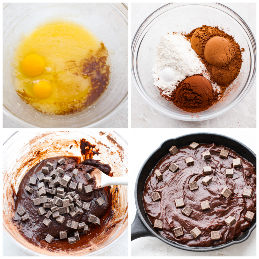 This easy skillet brownie is just the chocolatey, ooey-gooey dessert you need in your life! Top it off with a scoop of vanilla ice cream for the ultimate indulgent treat you can enjoy straight from the pan! Brownie batter being prepared and added to a cast iron skillet.