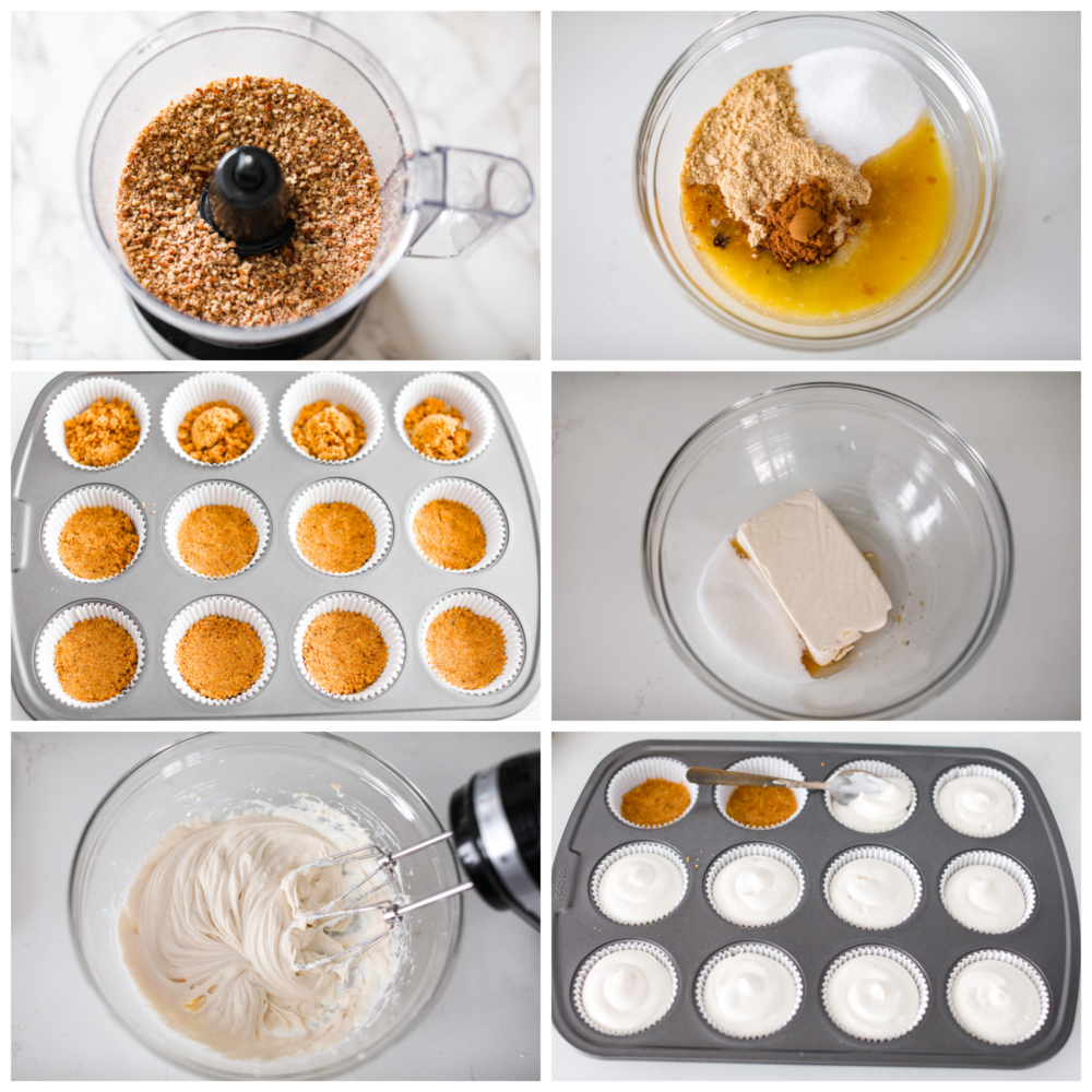 Cheesecake without the guilt! These skinny mini cheesecakes are light, creamy and will melt in your mouth with every bite! This low-calorie dessert is just what you need to satisfy your sweet tooth and stick to your New Year's resolution. 6-photo collage of crust and filling being prepared.