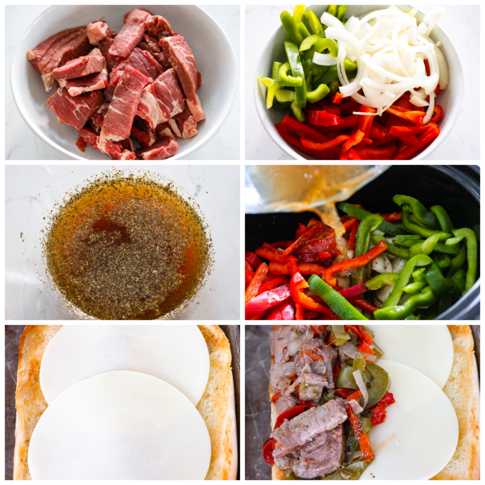 You'll never want to make a Philly cheesesteak any other way! Slow Cooker Philly Cheesesteaks are juicy and tender meat cooked in the slow cooker and perfectly topped with melty cheese on a toasted bun! Process photos showing how to prepare the meat, the veggies, the broth, and then adding them to the crock pot.