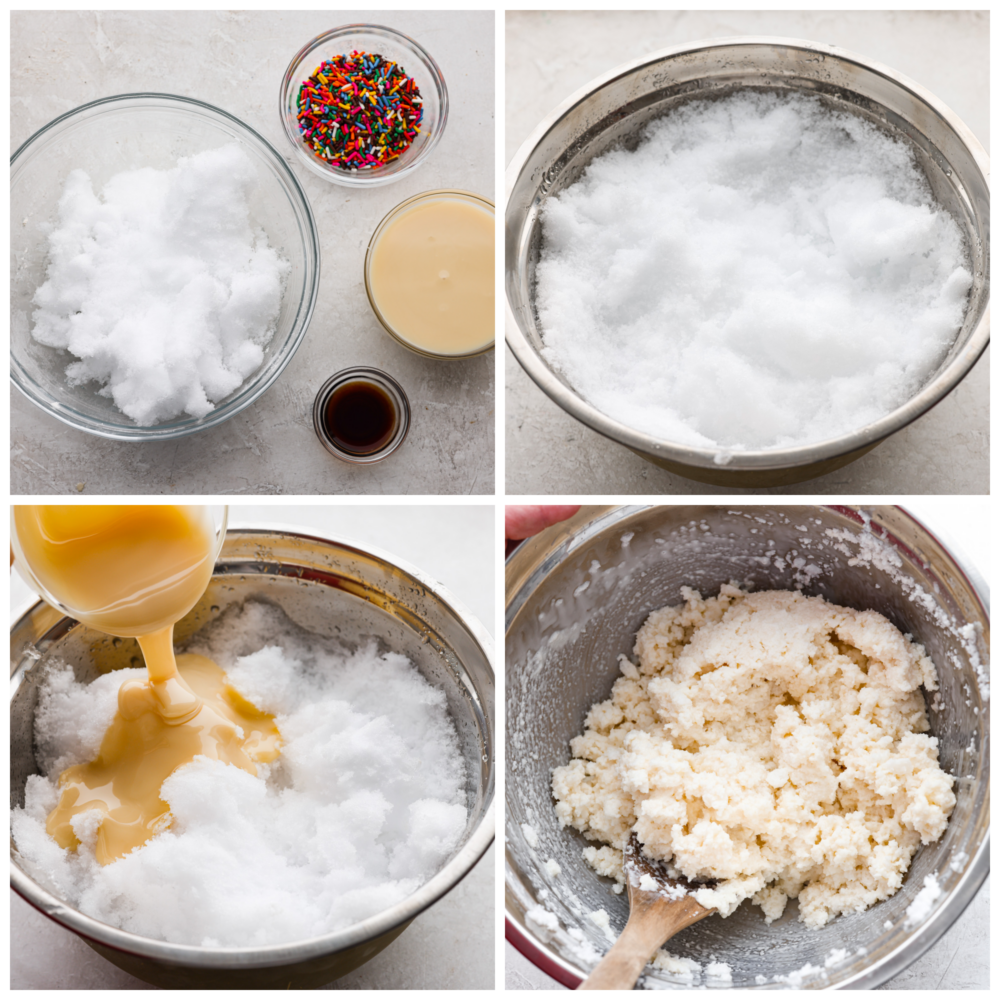 Snow Ice Cream is as fun as it sounds! Let your inner child out and scoop up some freshly fallen snow to make this delicious frozen treat. It's thickened with sweetened condensed milk and flavored any way you want. It's hands-down my favorite snow day treat! Process photos showing the ingredient laid out, then the ingredients blended together.
