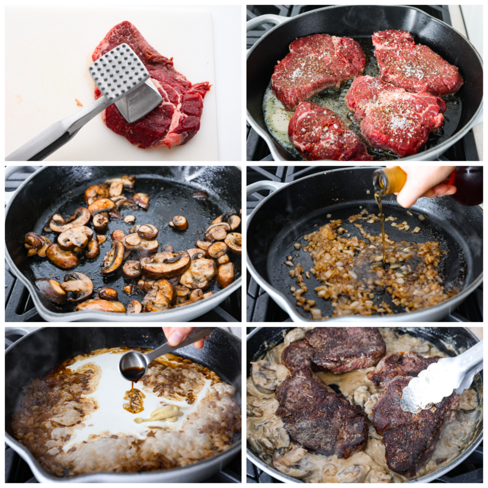 Juicy and succulent Steak Diane is the perfect dinner for any occasion. Diane refers to the delicious cream sauce made that includes mustard, Worcestershire sauce, and Cognac. The steak is flattened and seared in butter, and couldn't be more flavorful! Process photos of flattening the steak, searing them, cooking the mushrooms and shallots, then making the gravy and adding the beef back in.