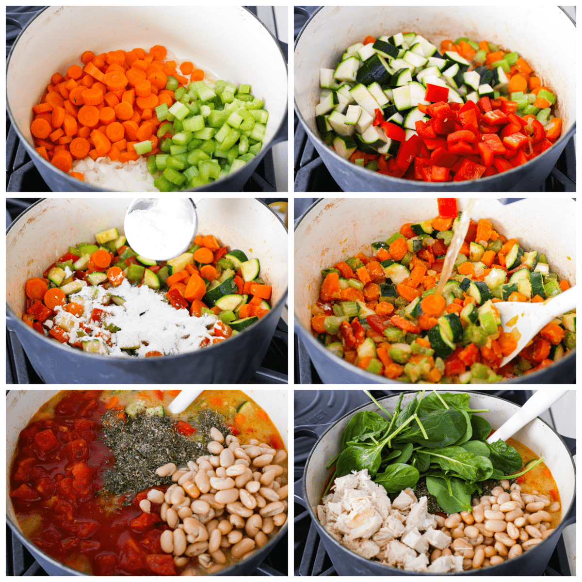 Tuscan vegetable chicken stewย is so comforting and full of hearty vegetables, white beans and chicken. Super easy to makeย andย perfect for busy weeknights! 6-photo collage of soup ingredients being added to a large pot.