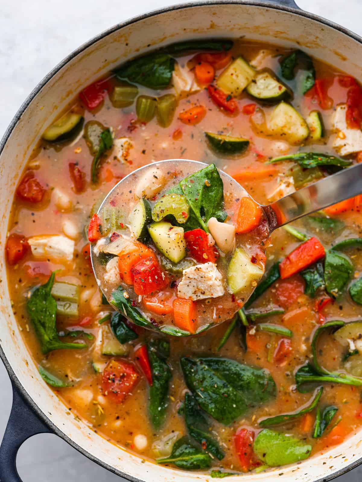 Tuscan vegetable chicken stewย is so comforting and full of hearty vegetables, white beans and chicken. Super easy to makeย andย perfect for busy weeknights! Hero image of vegetable stew in a blue and white pot.