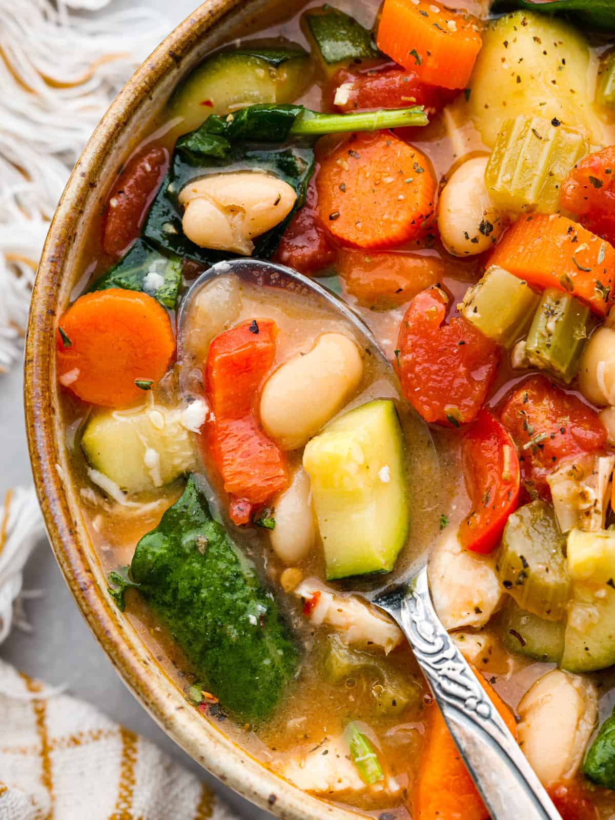 Tuscan vegetable chicken stewย is so comforting and full of hearty vegetables, white beans and chicken. Super easy to makeย andย perfect for busy weeknights! Closeup of vegetable stew.