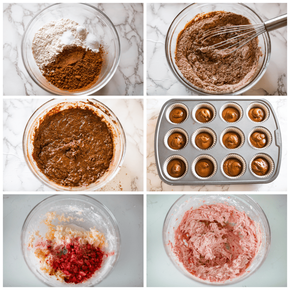 Show your sweetheart how much you care with these decadent chocolate and strawberry Valentine's Day Cupcakes. They are simple to make for parties and gatherings and are always a hit. Process photos showing how to combine the dry and wet ingredients, fill the cupcake liners, and make the frosting.