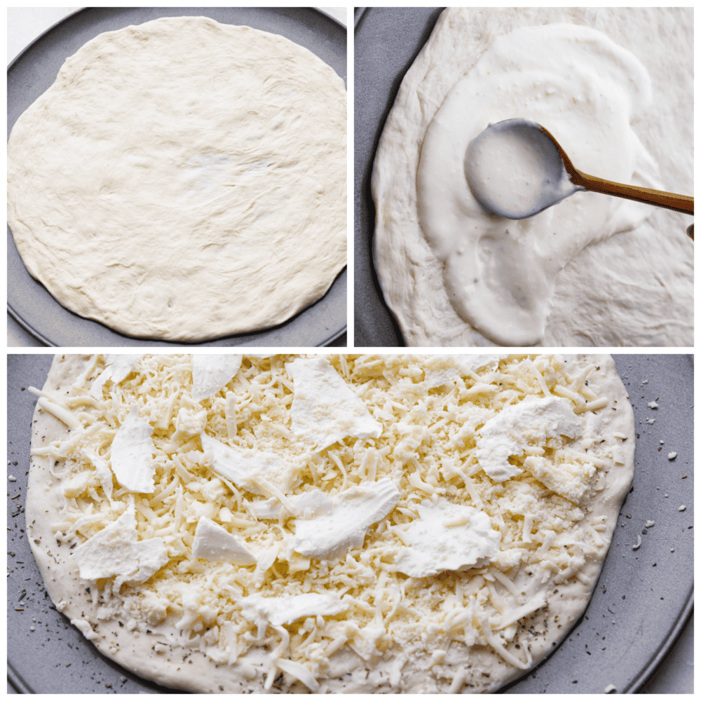 White Pizza, also called pizza bianca, is a delicious and soft and chewy pizza crust topped with a creamy Parmesan sauce and mozzarella cheese. There's every reason to fall in love with this recipe. It's quick and easy and a total hit! Process photos showing the dough rolled out, the sauce added on top, and then topped with cheese.