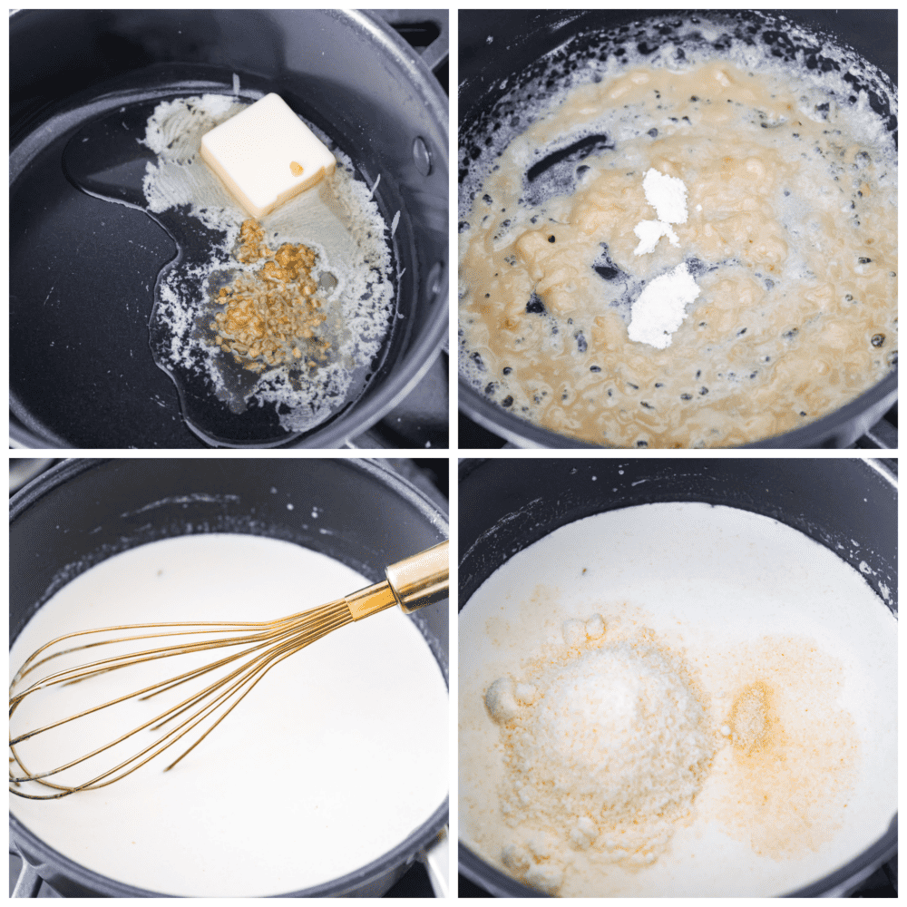 This creamy white pizza sauce is made with sharp parmesan cheese and rich half and half. It is so smooth and bursting with cheesy creamy flavors, and perfect on top of pizza, over bread, or for dipping your breadsticks in. Process photos showing how to make a roux and add in the other ingredients.