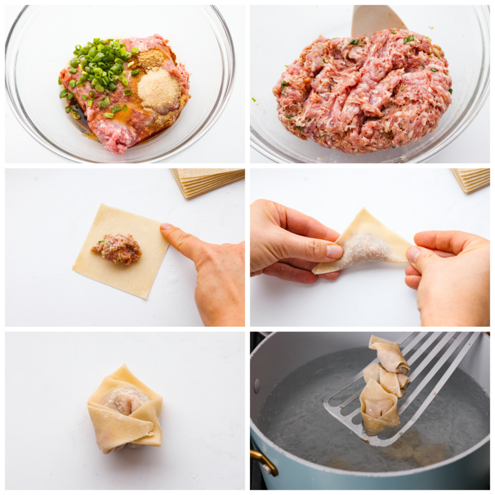 Skip the takeout and make these irresistible pork wontons at home! Theyโre soft and juicy and filled with mouthwatering seasoned pork. You wonโt be able to stop at one! 6-photo collage of pork mince being added to wonton wrappers and folded and sealed.