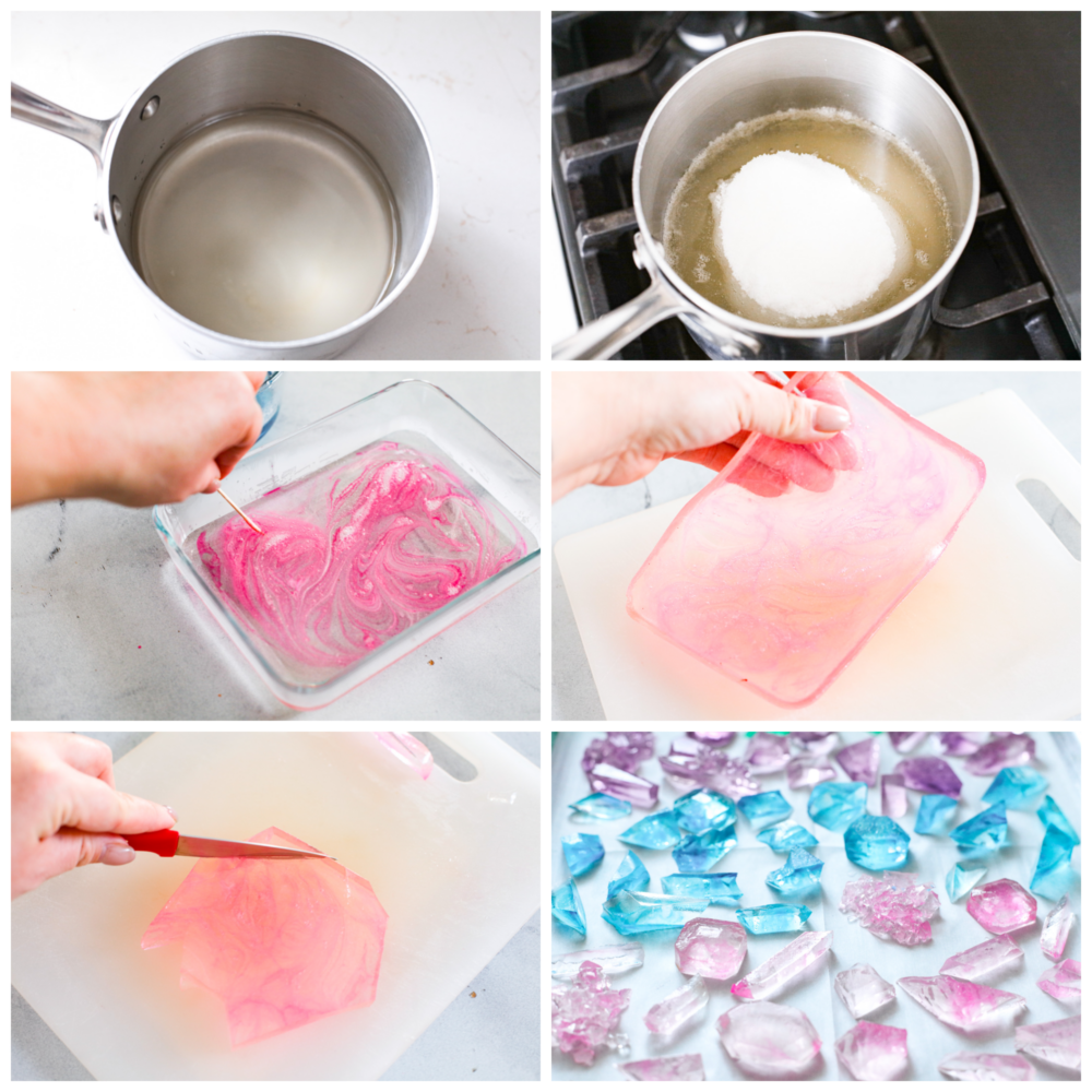This gorgeous crystal candy tastes as good as it looks! Inspired by the Japanese candy "Kohakutou," it's such a fun treat to make with the kids. It has an addictive crunch to it and can be made with any flavor of your choosing! 6-photo collage of candy mixture being melted over the stove and then added to the mold.