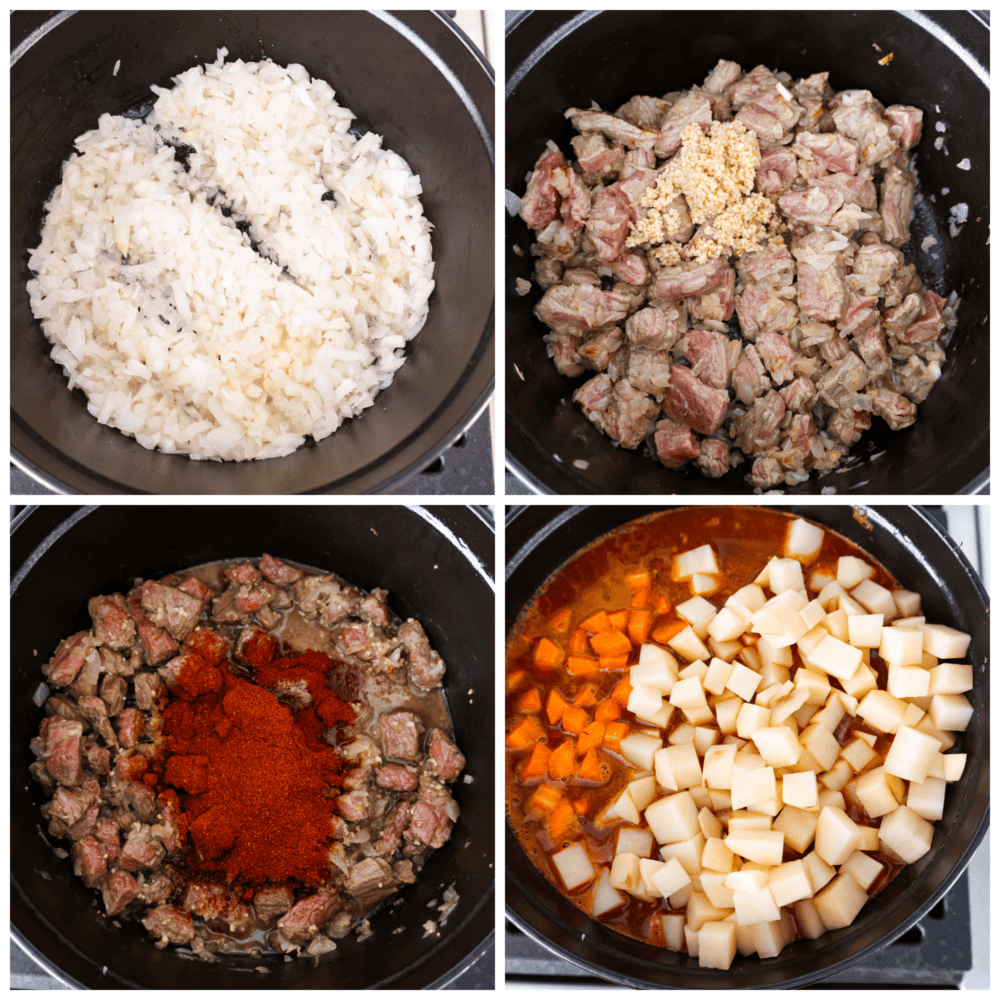 Hungarian goulash is a hearty and scrumptious beef stew that is Hungary's national dish. Beef is slow-cooked with onions, tomatoes, carrots, and potatoes to make this the ultimate comfort food and perfect dish for cold days. Process photos showing how to make the stew.