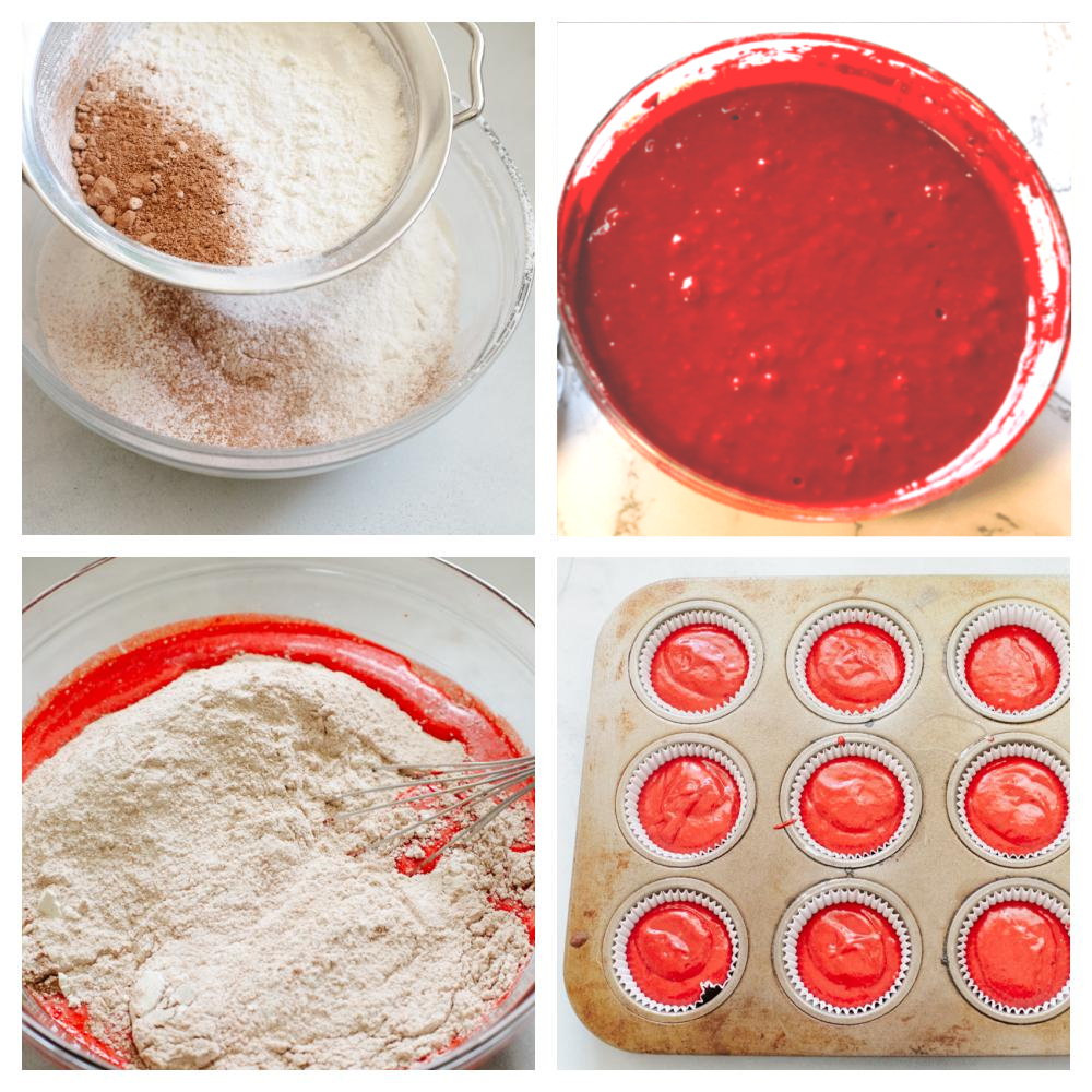 These red velvet cupcakes are perfectly moist cake with the most beautiful and deep red color. They are topped with classic cream cheese frosting, and once you eat one, you will agree that these are the best! 4 pictures showing how to mix up the batter with red food coloring and then add to a cupcake tin.